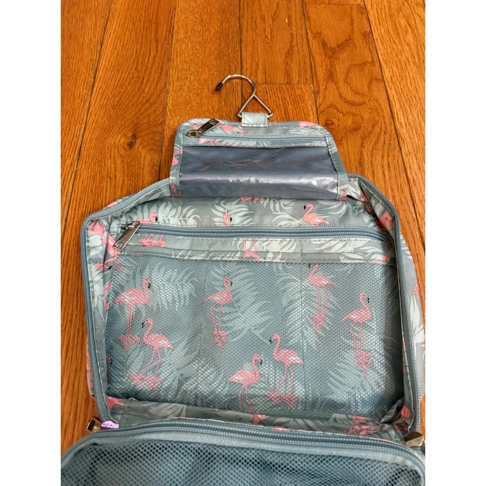 Narwey Hanging Toiletry Bag Flamingo Tropical Travel Organizer Blue-Grey Pink